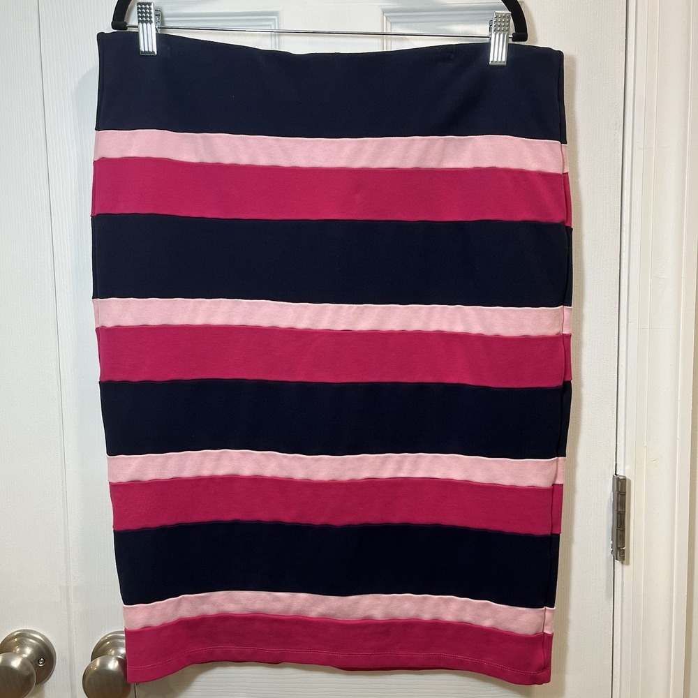 ELOQUII Women 16 Navy Blue Pink Striped Pencil Skirt Plus Curvy Stretch